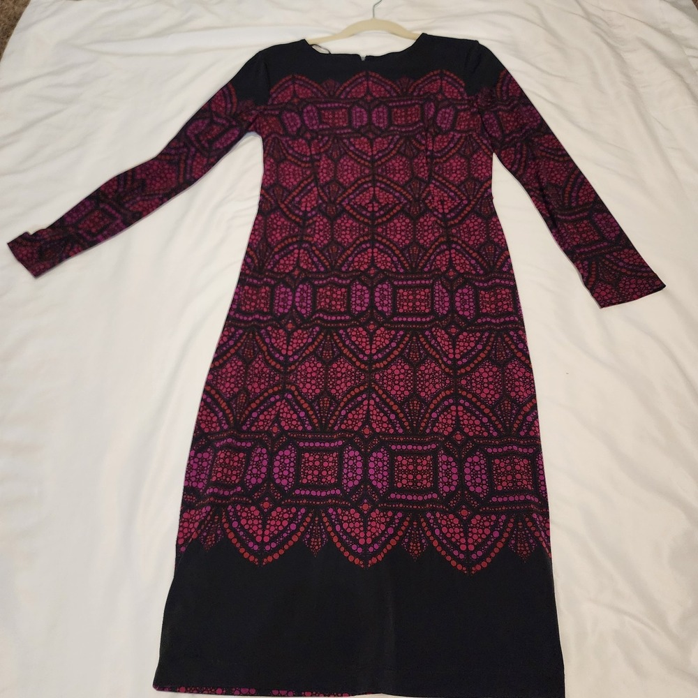 Maggie L Vintage Long Sleeve Abstract Circle Print Classic Midi-Sheath Dress Sz8